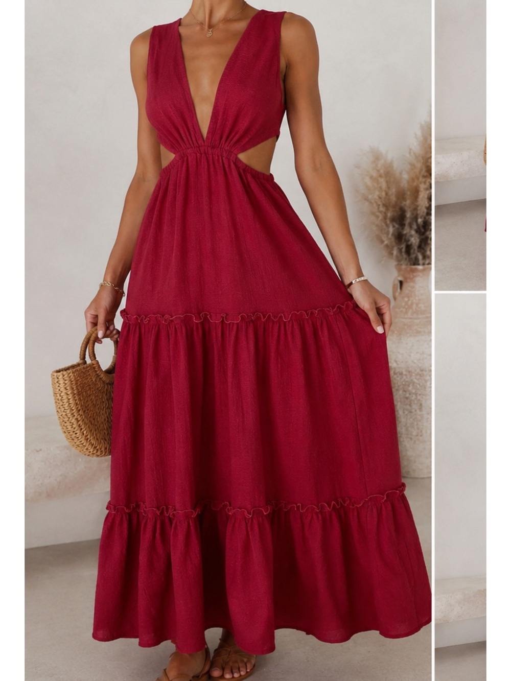❤️ Tulum 100% Cotton Red Cutout Halter Maxi Dress | Open Back Tiered Dress